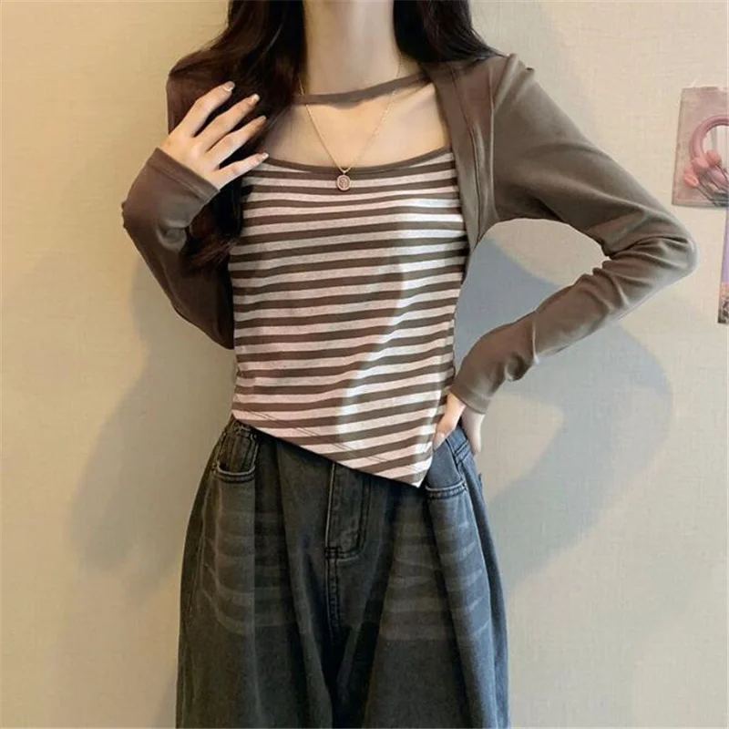

Асимметричная футболка, женские футболки, короткий топ с квадратным вырезом и воротником, Женская хлопковая футболка в полоску