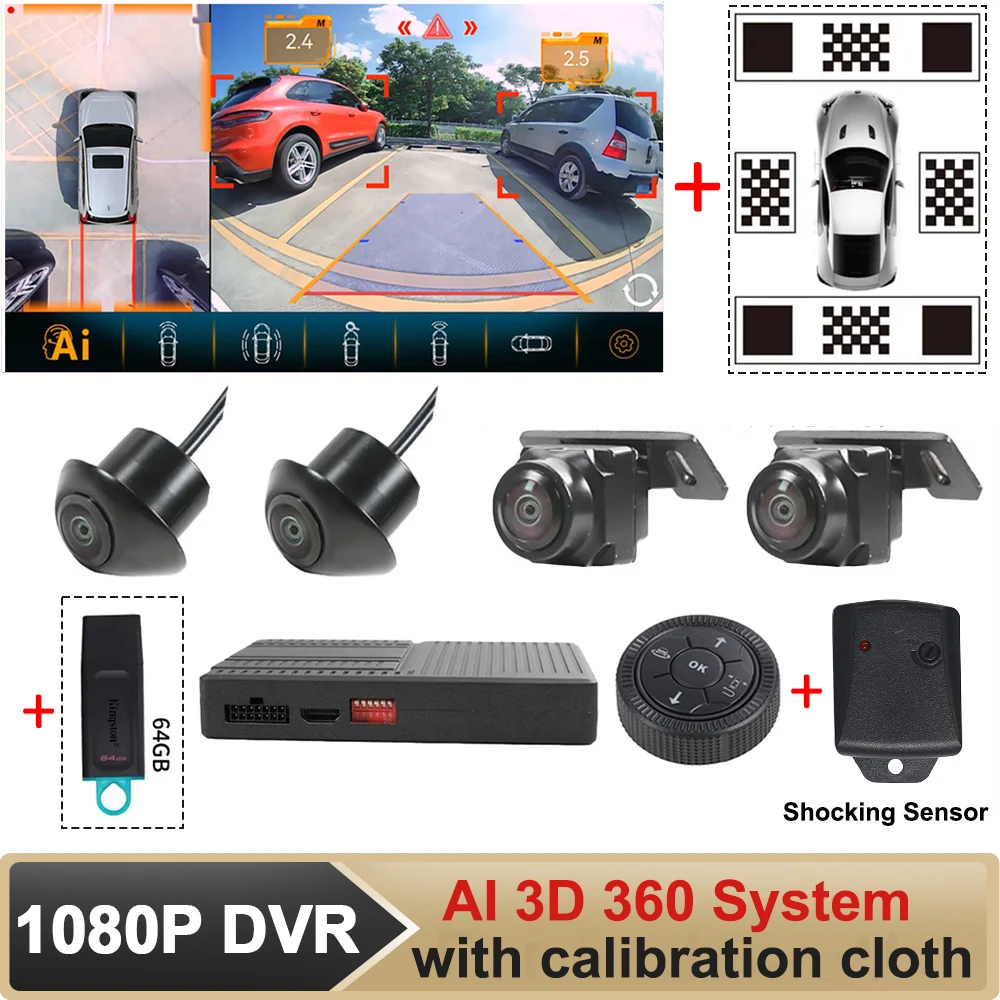 Car 3D Ai 360 Surround View Bird View Camera System 1080P With calibration cloth / 64G USB / Shocking Sensor For Android Radio