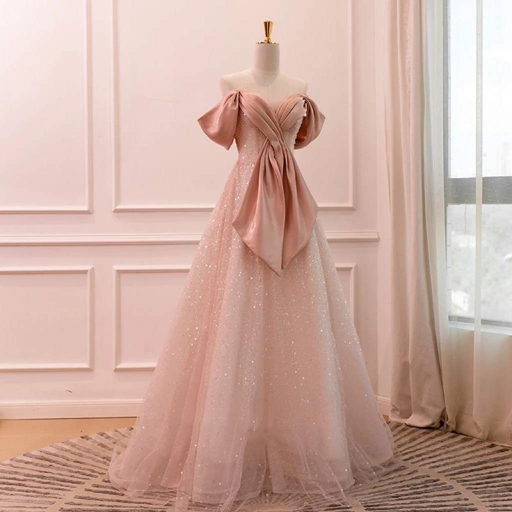 

Pink Long Evening Dress Off Shoulder Glitter Sequined Pleat A-Line Formal Party Gown Women Wedding Toast Clothing Robe De Mariée