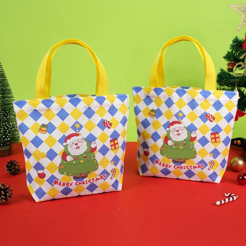 Cartoon Christmas Gift Bag Santa Claus Plaid Canvas Tote Bag Christmas Eve Apples Gift Box Handbag Large Capacity Shopping Bag