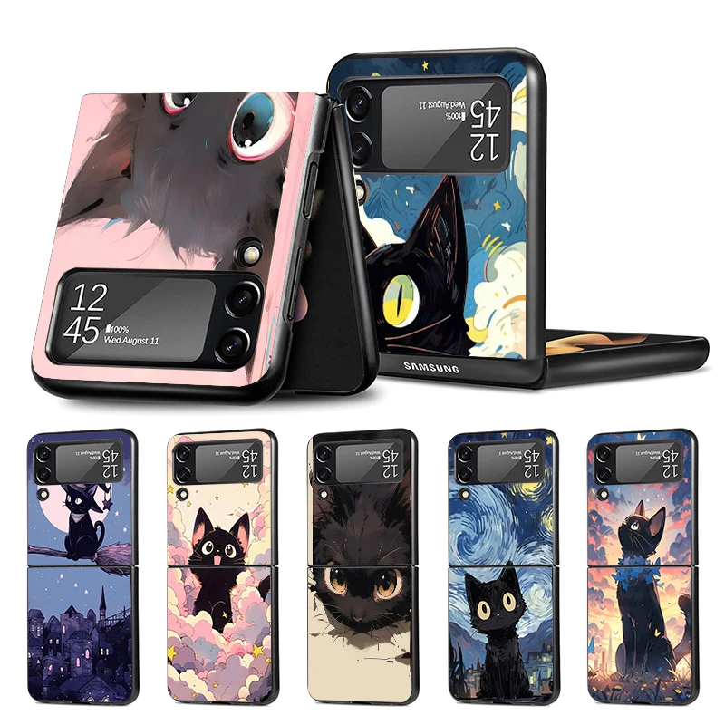 Anime Cute Black Cat Meow Z Flip 4 Phnoe Case Per Samsung Z Flip 3 5 5G Black Hard Shell Galaxy Zflip3 Zflip4 Zflip5 Unique Cove