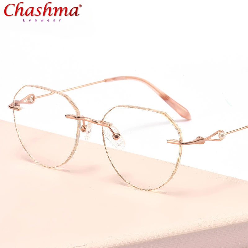 

Retro Titanium Fashion Female Eye Glasses Vintage Round Diamond Trimmed Rimless Spectacle Frames Women Sunglasses Tint Lenses