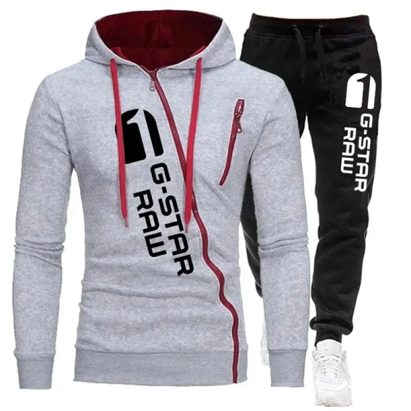 2024 Autumn Winte Oblique Zipper Tracksuit Men Sweatshirt + Sweatpants 2 Pieces Set Casual Mens Hooded Hoodies Suit Sportswear 3