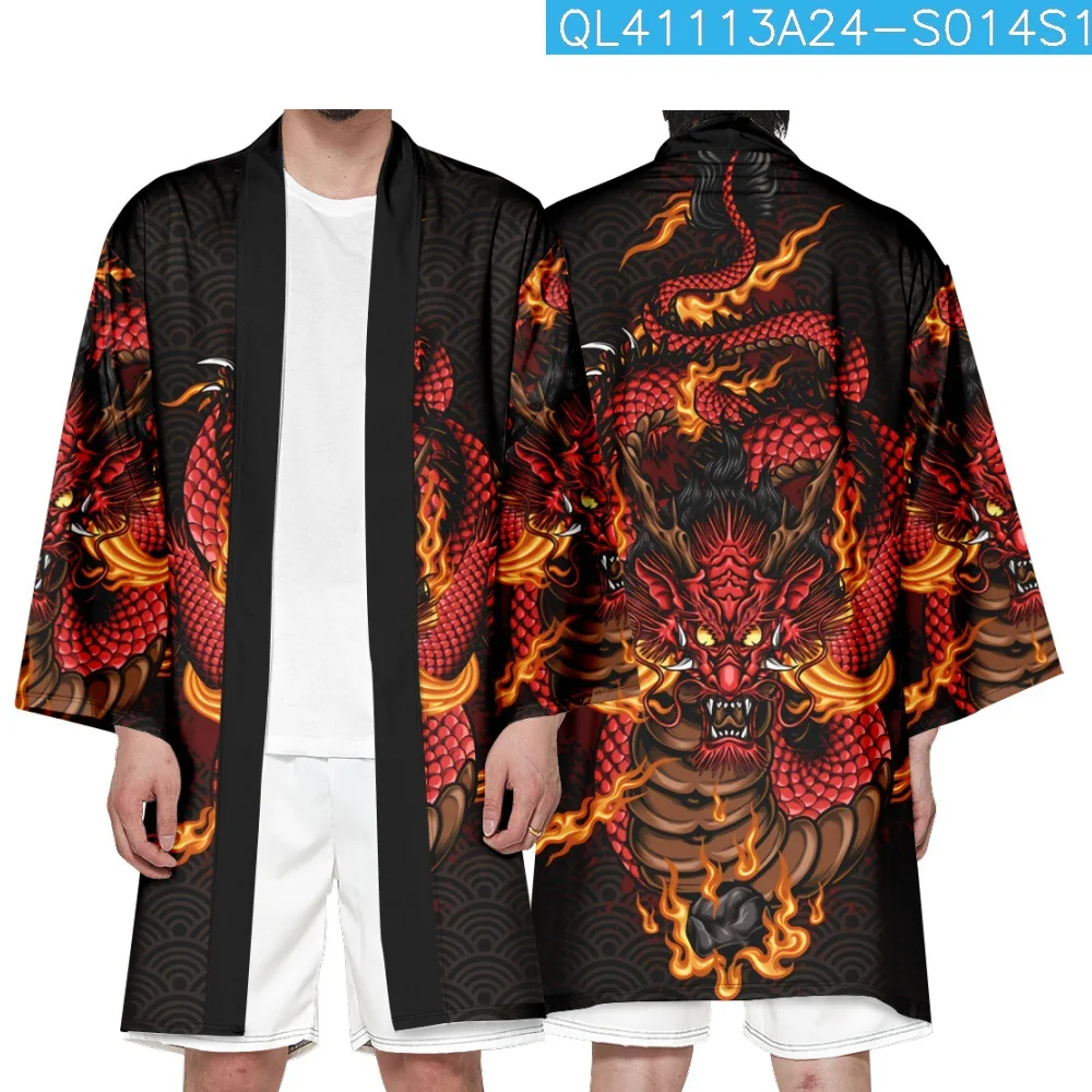 

Summer Long Kimono Japanese Men Shirt Blouse Yukata Haori Obi Traditional Samurai Black Dragon Print Cardigan Clothing