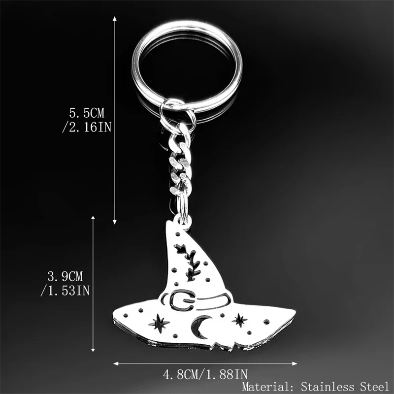 Magischer Mond-Stern-Hexenhut-Schlüsselanhänger für Damen und Herren, Edelstahl, schwarze Farbe, Hexerei-Schlüsselanhänger, Halloween-Schmuck, Geschenk – Detail 3