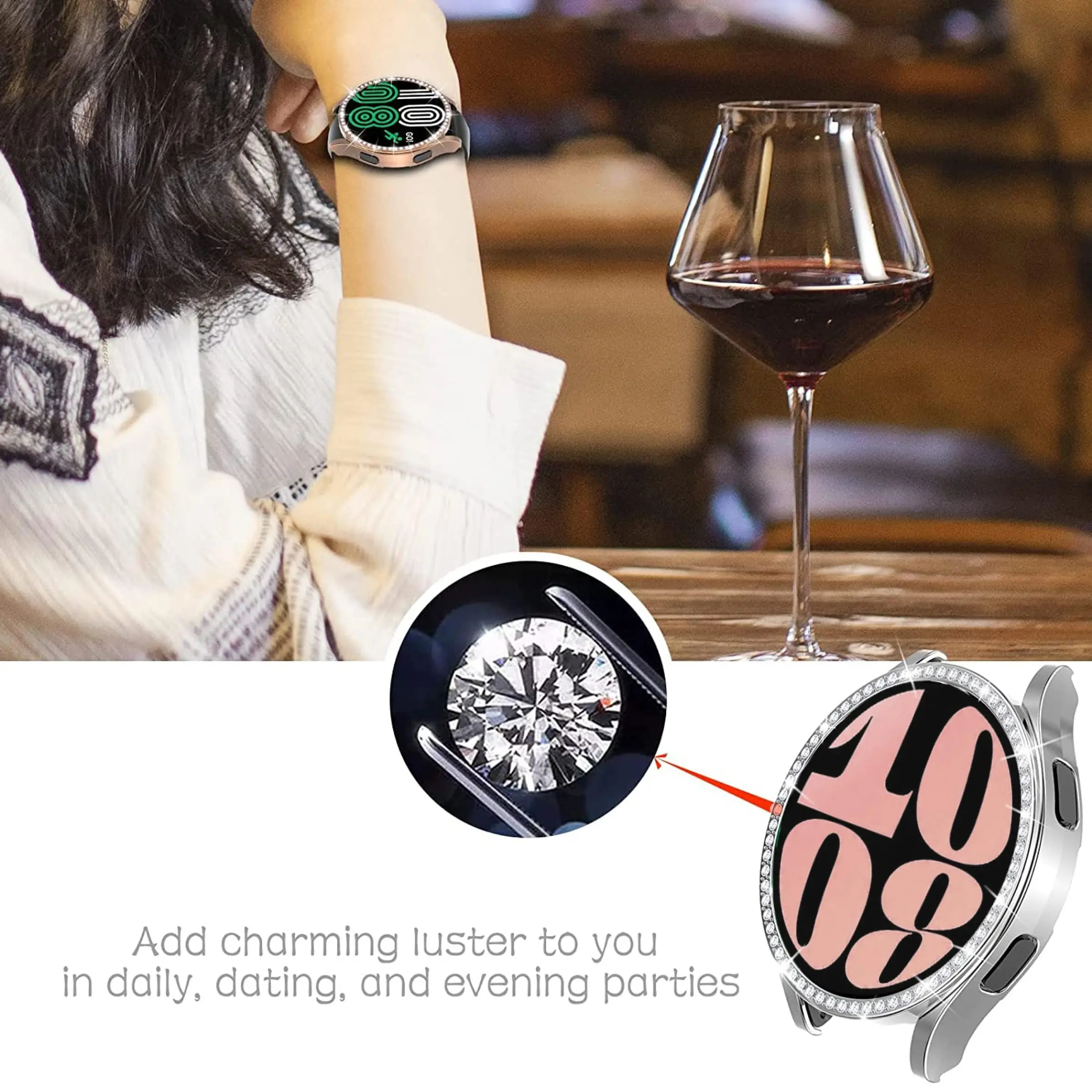 Luxurious Bling Diamond Glass & Case Combo - Premium PC Bumper + Screen Protector for Galaxy Watches (44mm/40mm)