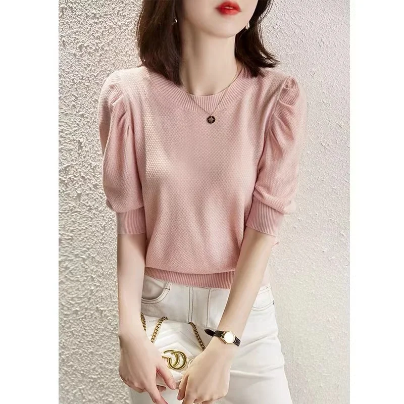 

2022 spring, summer and Autumn New Women's short sleeve cashmere sweater women's laza retro design sweater short sleeve fashion
