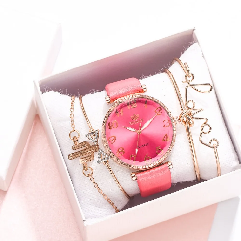 5pc/set New Fashion Women Watches Round Arabic Numerals Leather Watch Women Dress Ladies Wristwatches Luxury Bracelet Watch Set
