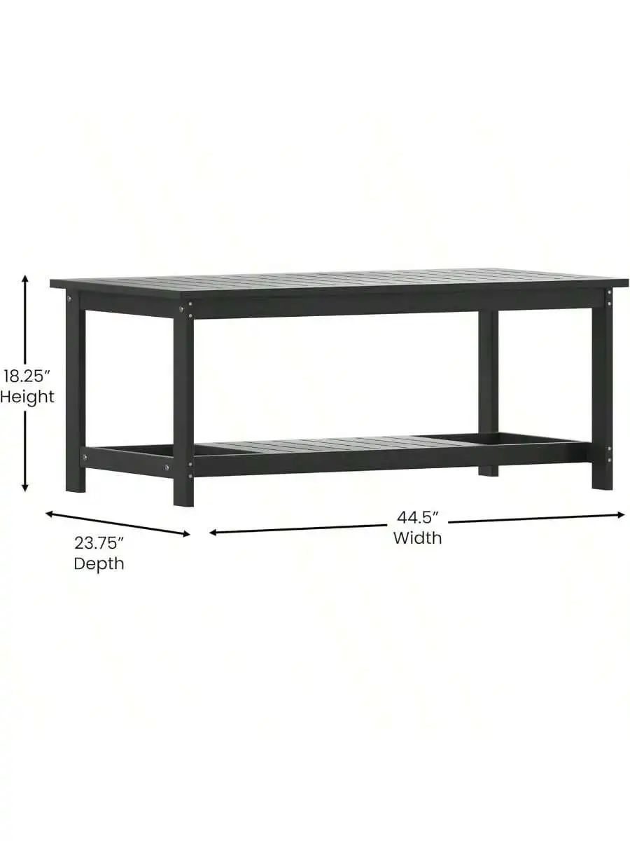 Two Tiered Commercial Grade Adirondack Coffee Table - Black Finish Poly Resin Wood - All-Weather - Slatted Shelf Design 2