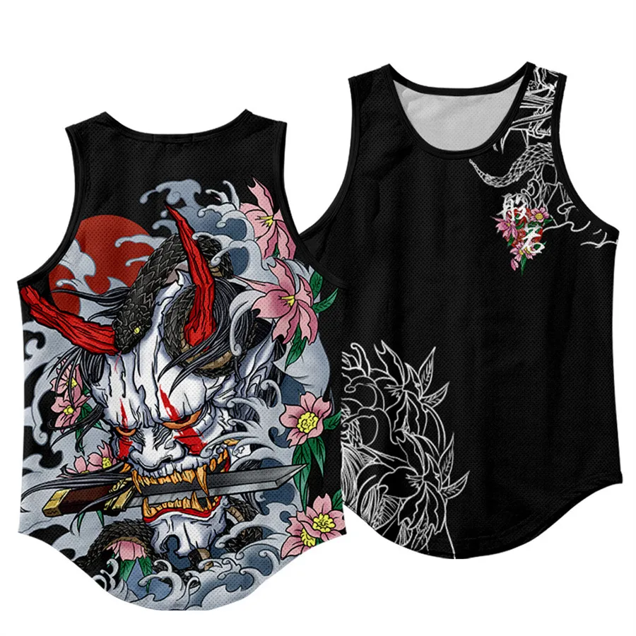 

Demon Print Samurai Tank Tops Fashion Sleeveless Shirt Sportswear Vest Casual Singlet Oversize Mesh Tops Hip Hop Men