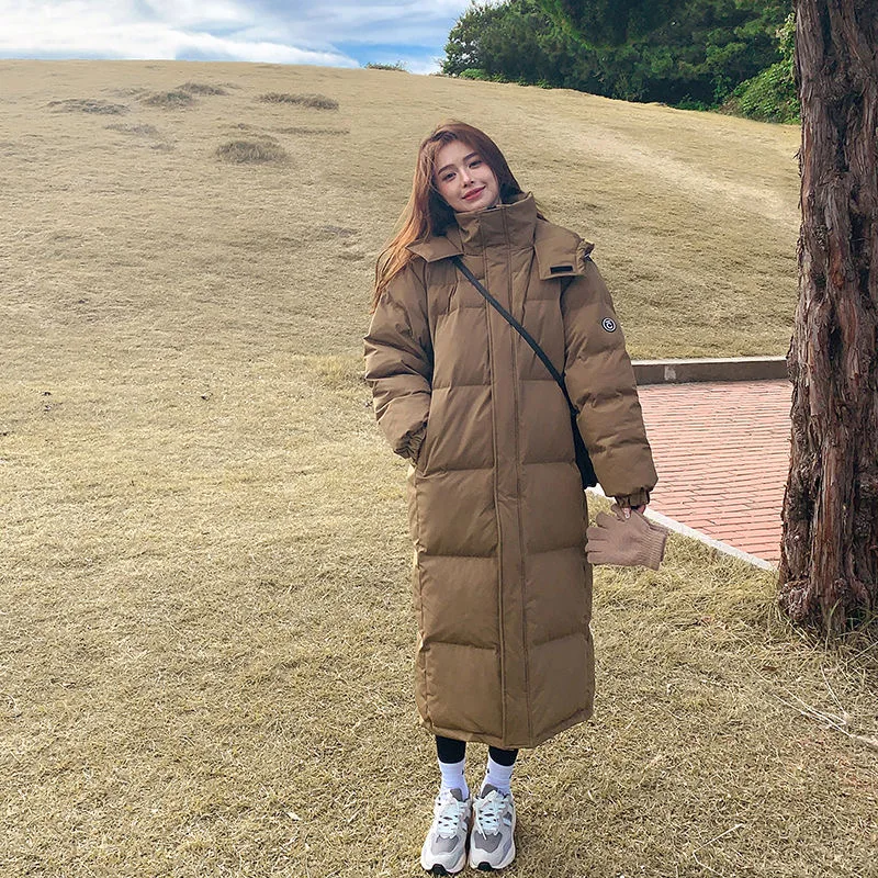 

Korean Khaki Thickened Padded Jacket Women's Winter New Hooded Zipper Loose Long Knee Length Windproof Padded Coat