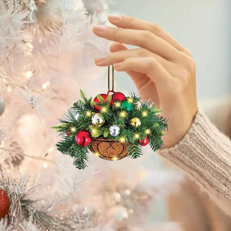 8cm Acrylic Christmas Pendant Flower Basket Ornaments Hanging Basket Hanging Xmas Decoration 2D Hanging Accessories Gift