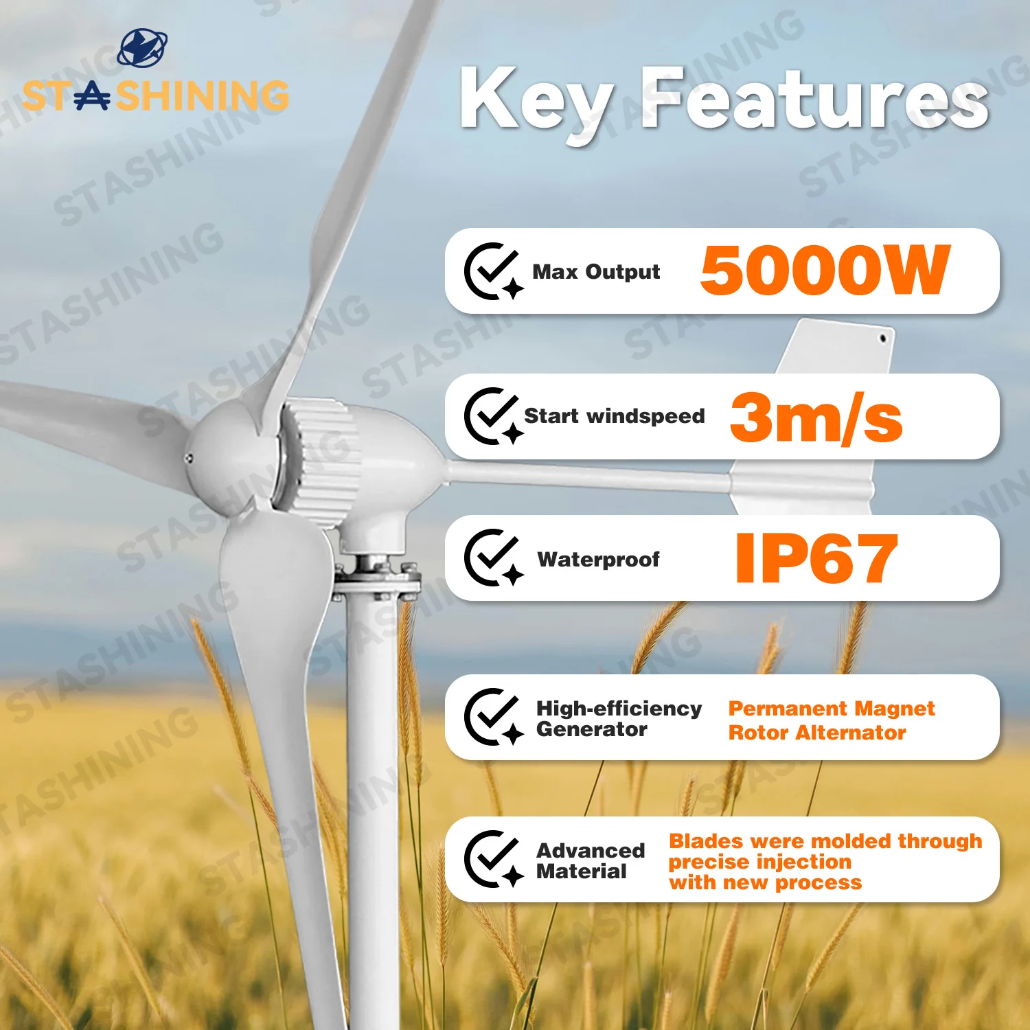 Horizontal Wind Turbine Generator 5000W Max Windmill W/ MPPT Hybrid Charge Solar Wind Off-Grid System 3 Blades
