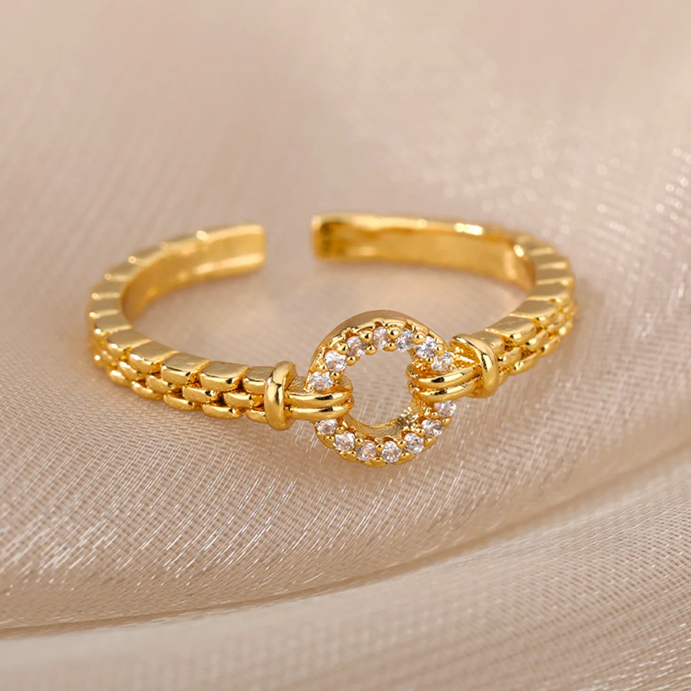 Zircon Fashion Stainless Steel Rings O Shape Geometric Open Adjustable For Women Gold Color Jewelry