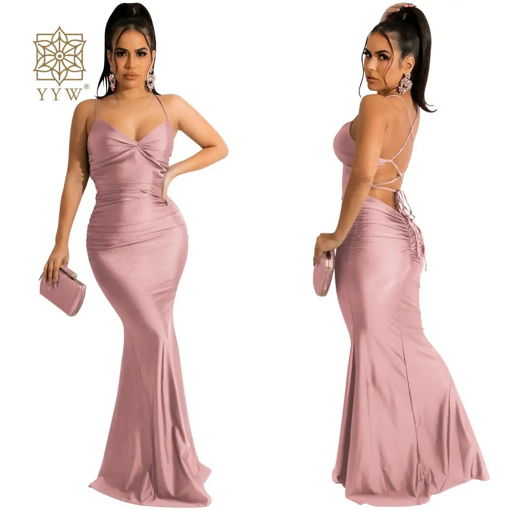 Women Dress Summer Neon Satin Lace Up Women Bodycon Long Midi Dresses Ladies Sleeveless Backless Sexy Cocktail Mermaid Gown