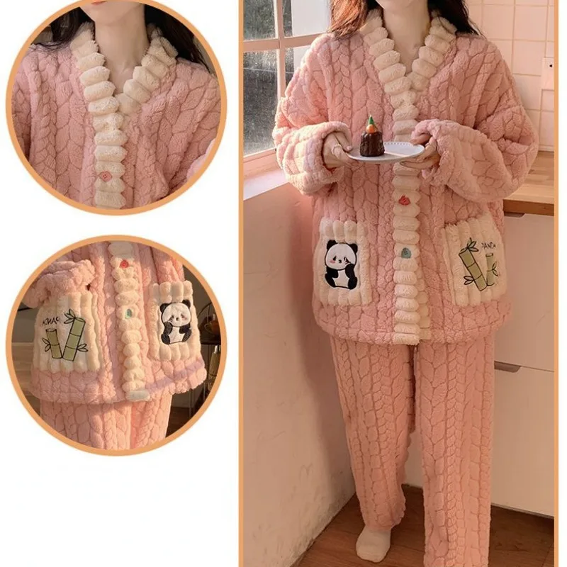 2024 New Winter Pajamas Female Coral Velvet Thickened Warm Sleepwear Jacquard Panda Cartoon Loungewear Set Flannel Homewear