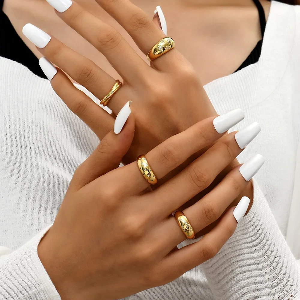 Minimalist Gold Plated Chunky Textured Rings for Women Fashion Charm Big Crystal Finger Stacking Jewelry gold color rings finger ring gold color ring zircon crystal ring