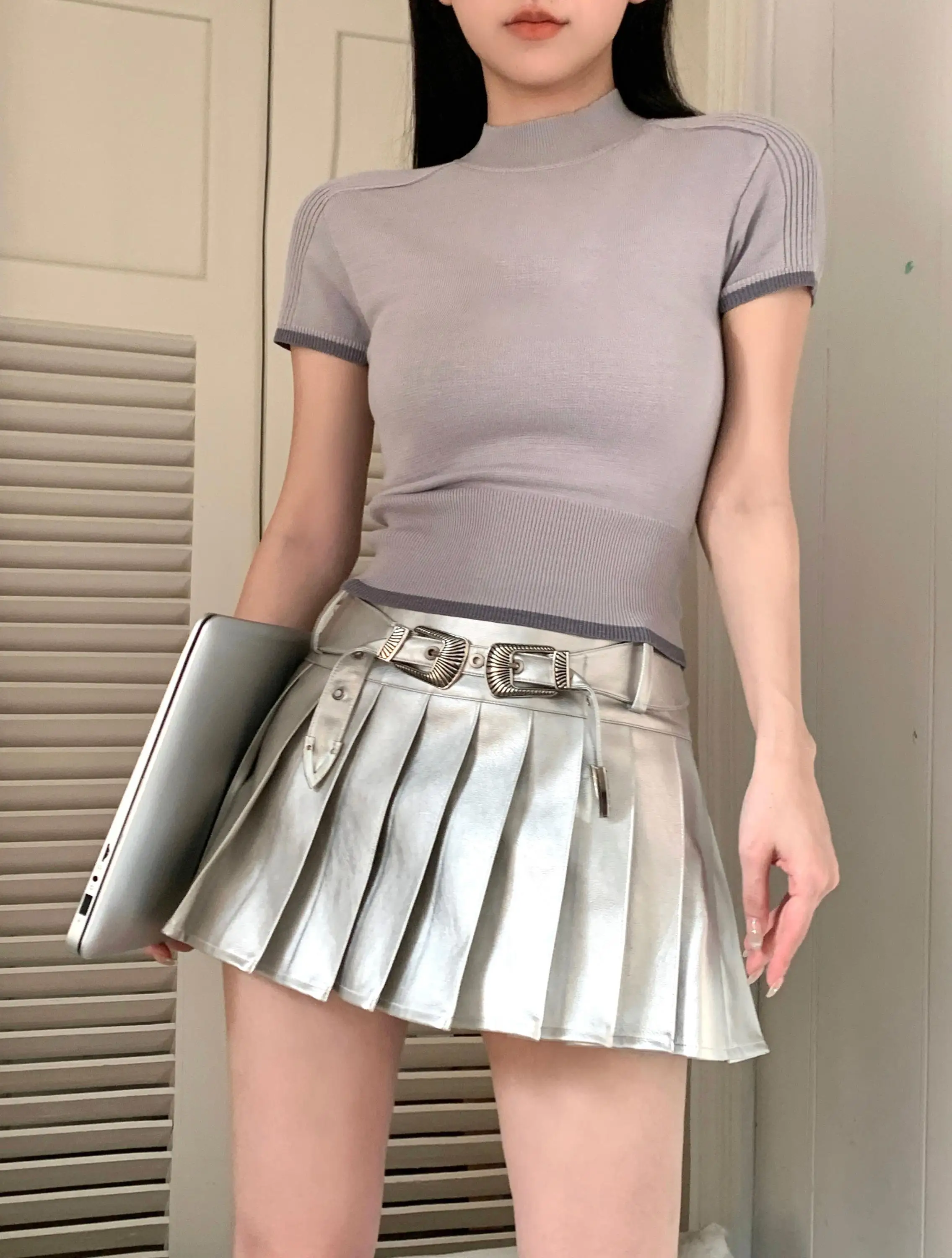 

Women's Summer Solid Color High Waist A Line Pu Leather Mini Skirt Lady High Street Solid Color Faux Leather Short Skirt