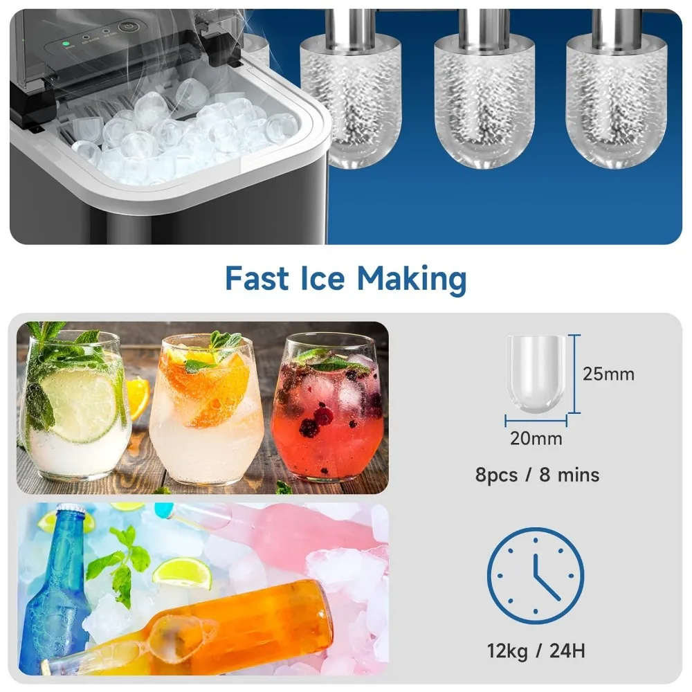 Ice Maker Countertop, LED Display Portable Ice Maker Machine with Handle, 26.5lbs/24Hrs,8 Cubes in 6 Mins,fr Home Kitchen,Office 3
