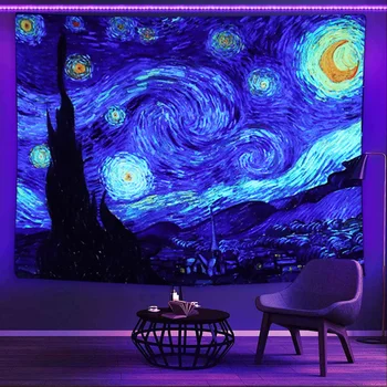 Starry Night UV Reactive Tapestry – Van Gogh Blacklight Wall Art 1