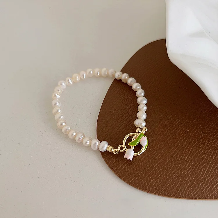 S899406cd3774434bb55b7ee324f23ec3R New Design Sweet Vintage Pearl Lily Flower Bracelet for Women Korean Cute Tassel Pink Peach Pendant Bracelet Aesthetic Jewelry Mallzona