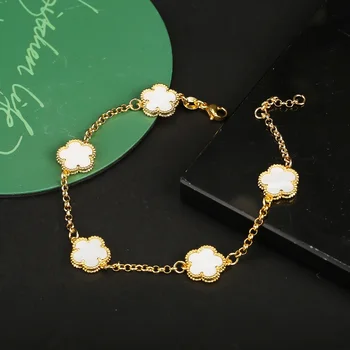2023 Luxury Green Flower Natural White Shell Flower Stone Bracelet Ladies Gift High Quality Four Leaf Clover Bracelet Jewelry 1