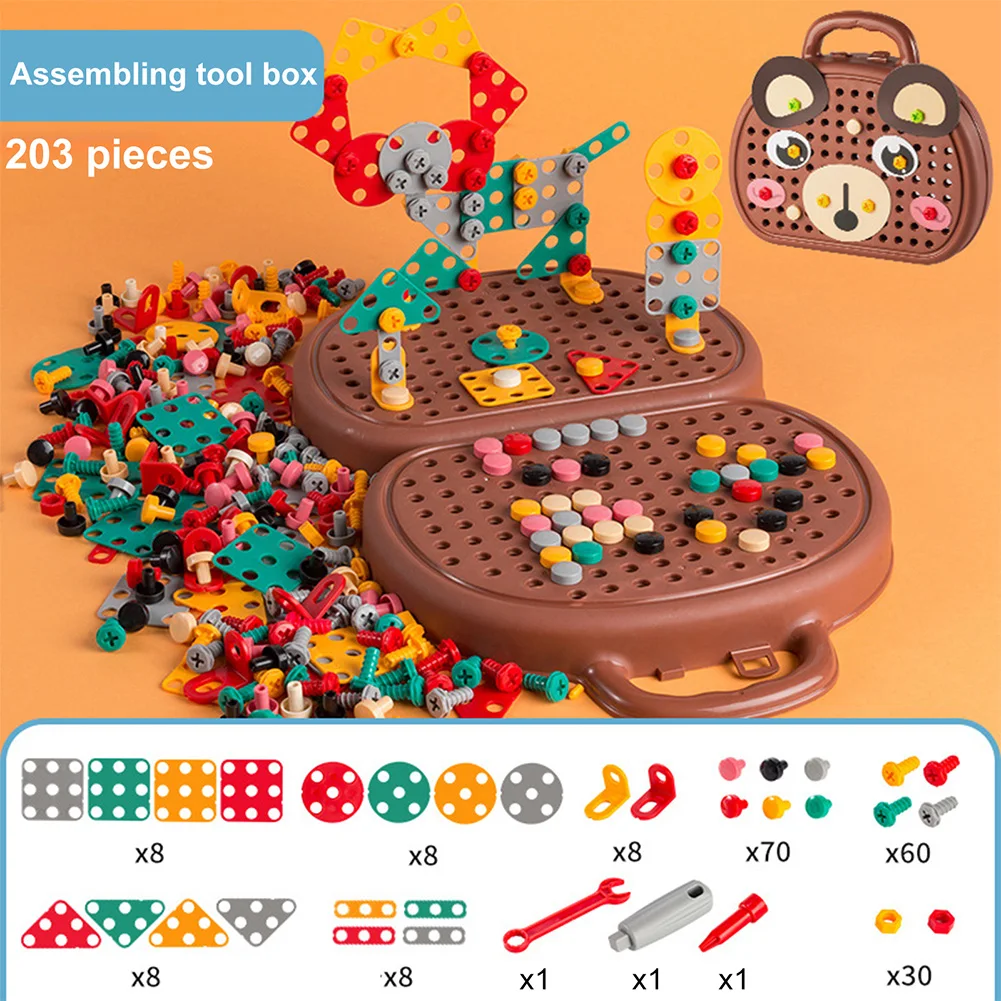 203 Piece Creative Mosaic Puzzle Toy Montessori Play Toolbox with Electric Drill Screw Tool Trendy Bits Screw STEM Toy for Kids