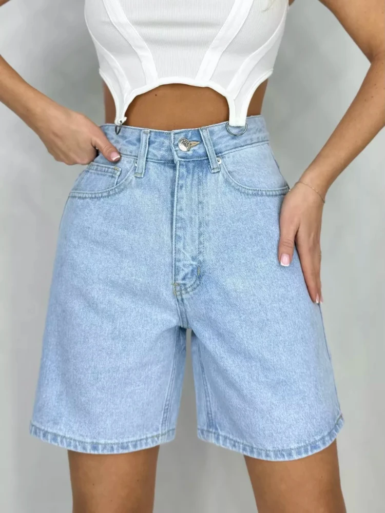 High-Waist Black Denim Bermuda Shorts