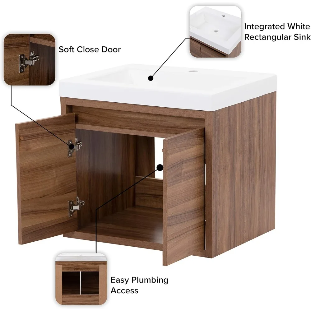 24 Inch Modern Floating Bathroom Vanity with White Single Sink Top, 2-Door Cabinet, Caramel Mist  24.5" W x 18.75" D x 22.25" H 6
