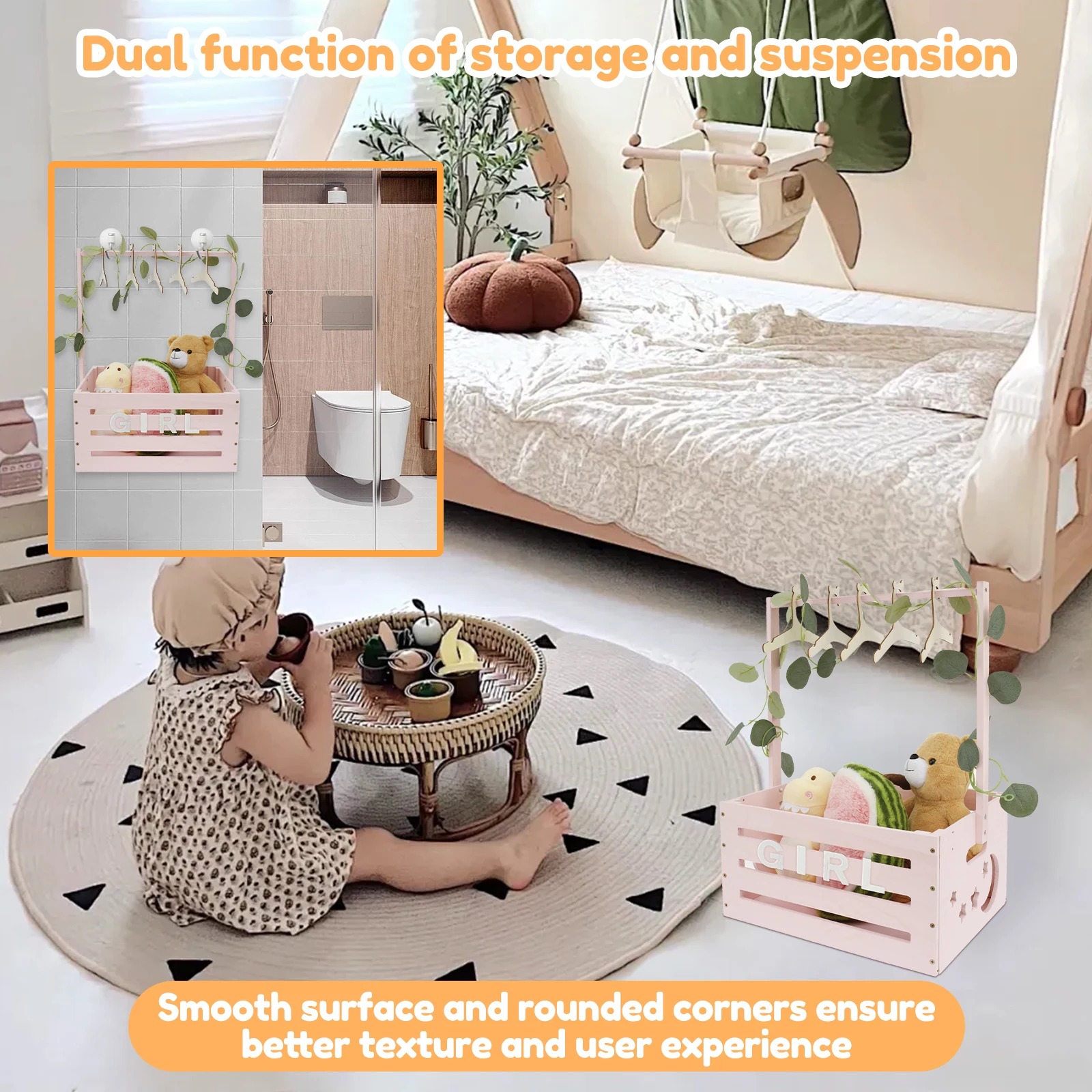 Wood Baby Shower Storage Basket Portable Newborn Baby Basket Decorative Baby Storage Crate with Handle for Boys Girls New Parent 4
