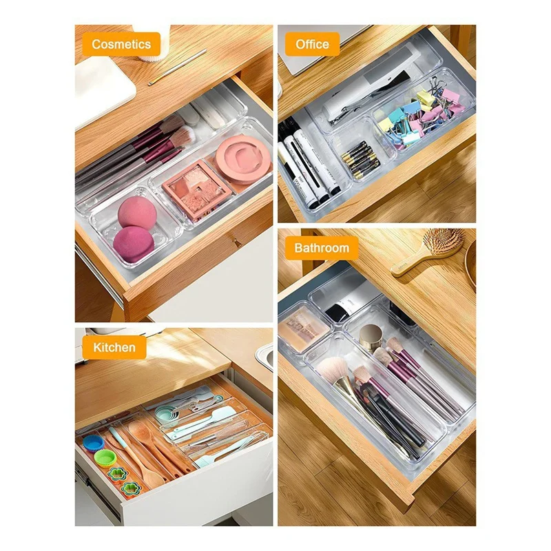 플라스틱 서랍 오거나이저, 욕실, 드레싱 테이블, 화장품, 식기류용 투명 서랍 오거나이저, 4 가지 크기