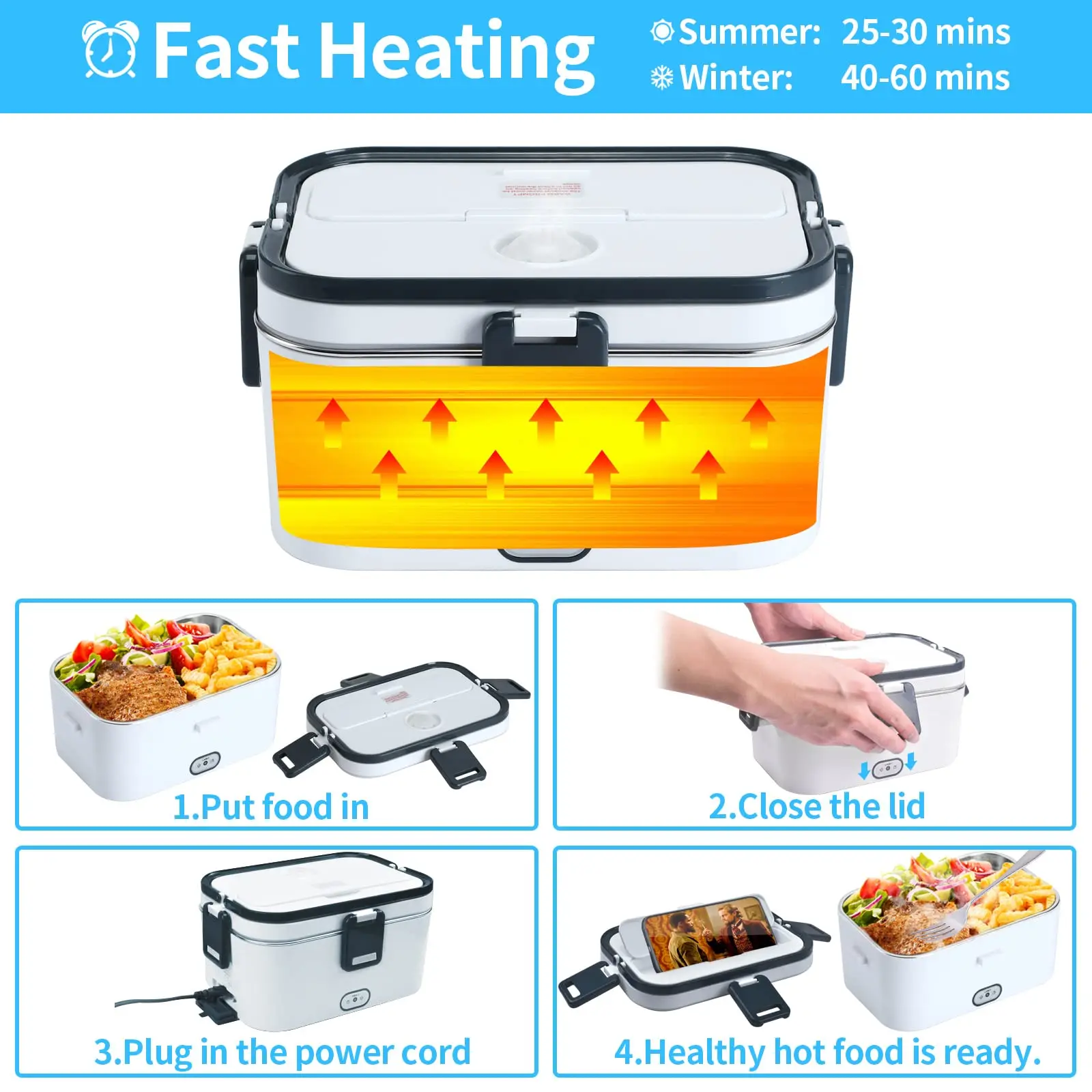 Description Picture 6 of item1.8-Litre Stainless Steel Electric Heating Lunch Box 12V 24V Car US EU Plug School Picnic Portable Food Warmer Container Heater