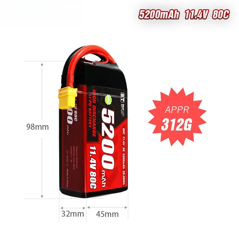 Côté de la batterie LiPo 3S 5200mAh 11.4V 80C avec étiquette indiquant les spécifications techniques