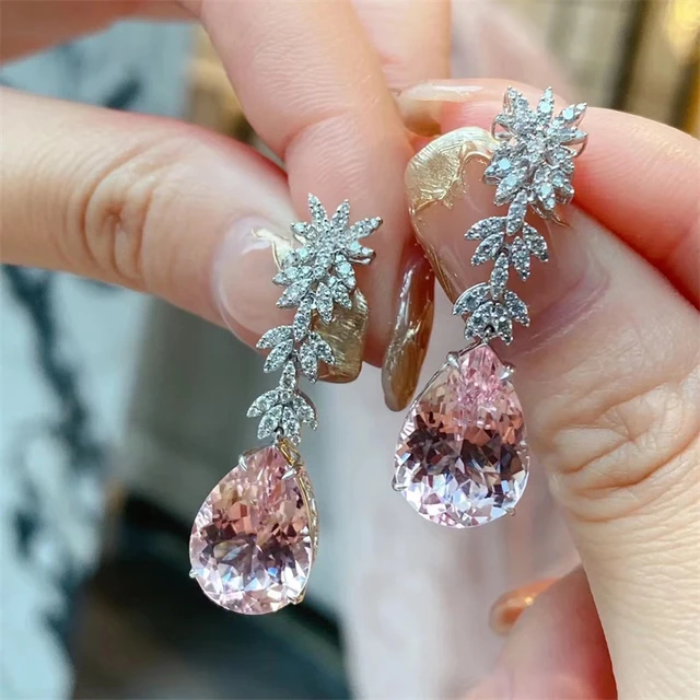 14kt White Gold Pink Zirconia and Diamond Dangle Earrings