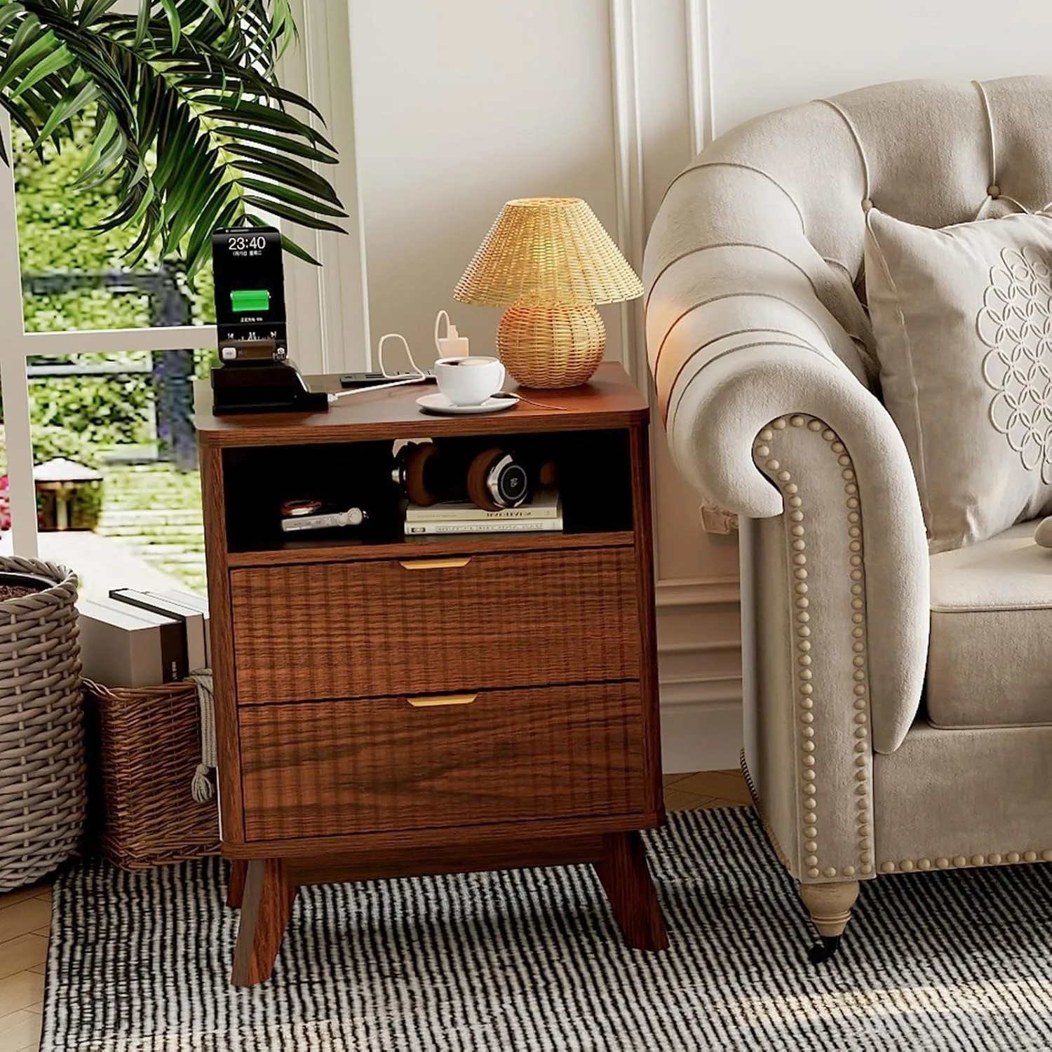 Walnut Nightstand with Drawer and Open Shelf USB Charging Station Bedside Table with AC Outlets Fluted Wood Side Table Storage Cabinet for Bedroom Living Room Sofa 7 Walnut Nightstand with Drawer and Open Shelf USB Charging Station Bedside Table with AC Outlets Fluted Wood Side Table Storage Cabinet for Bedroom Living Room Sofa 7