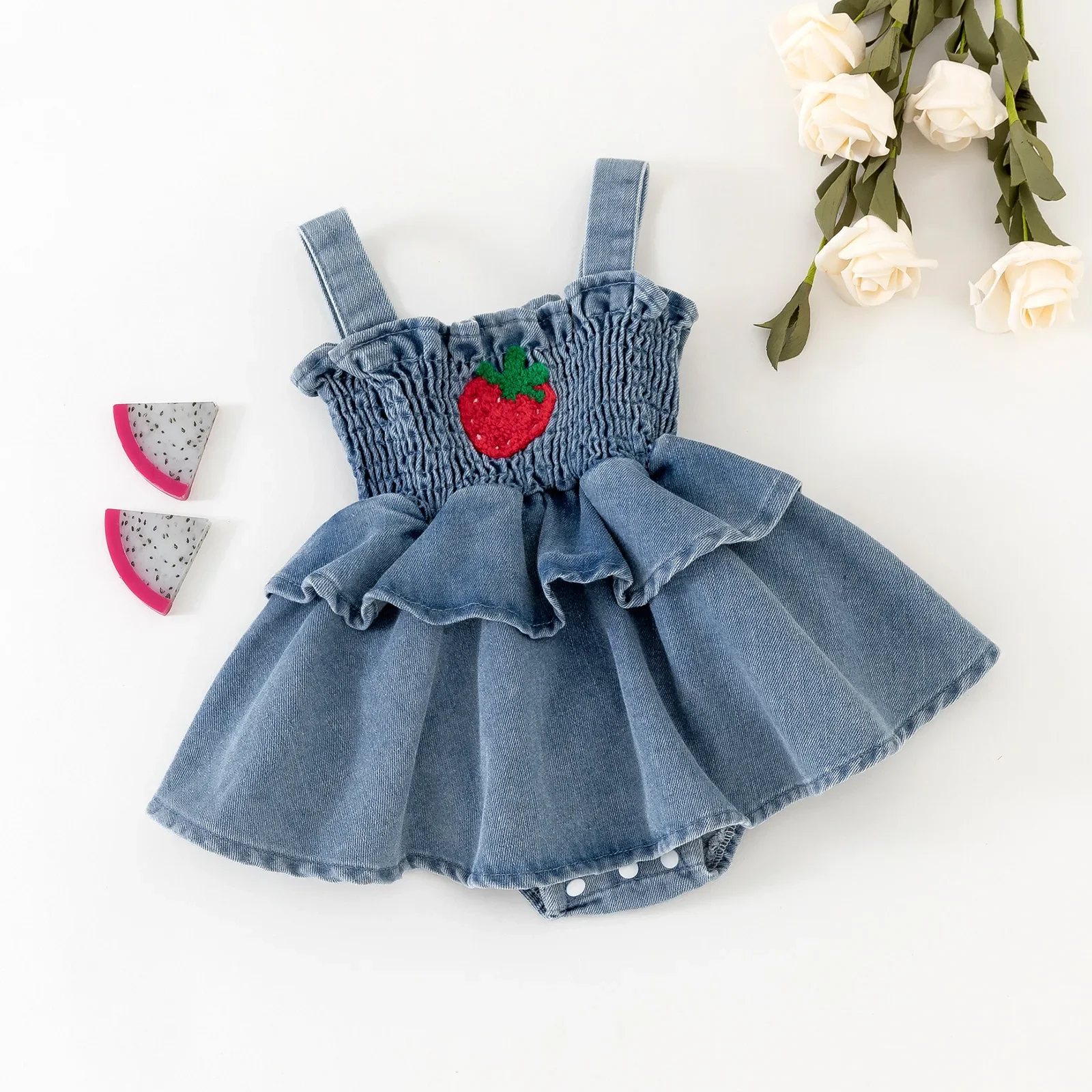 Cute Strawberry Straps Denim Dress Baby Girl Summer Cross-Border Infant Clothing Foot Covering Crawling Suit