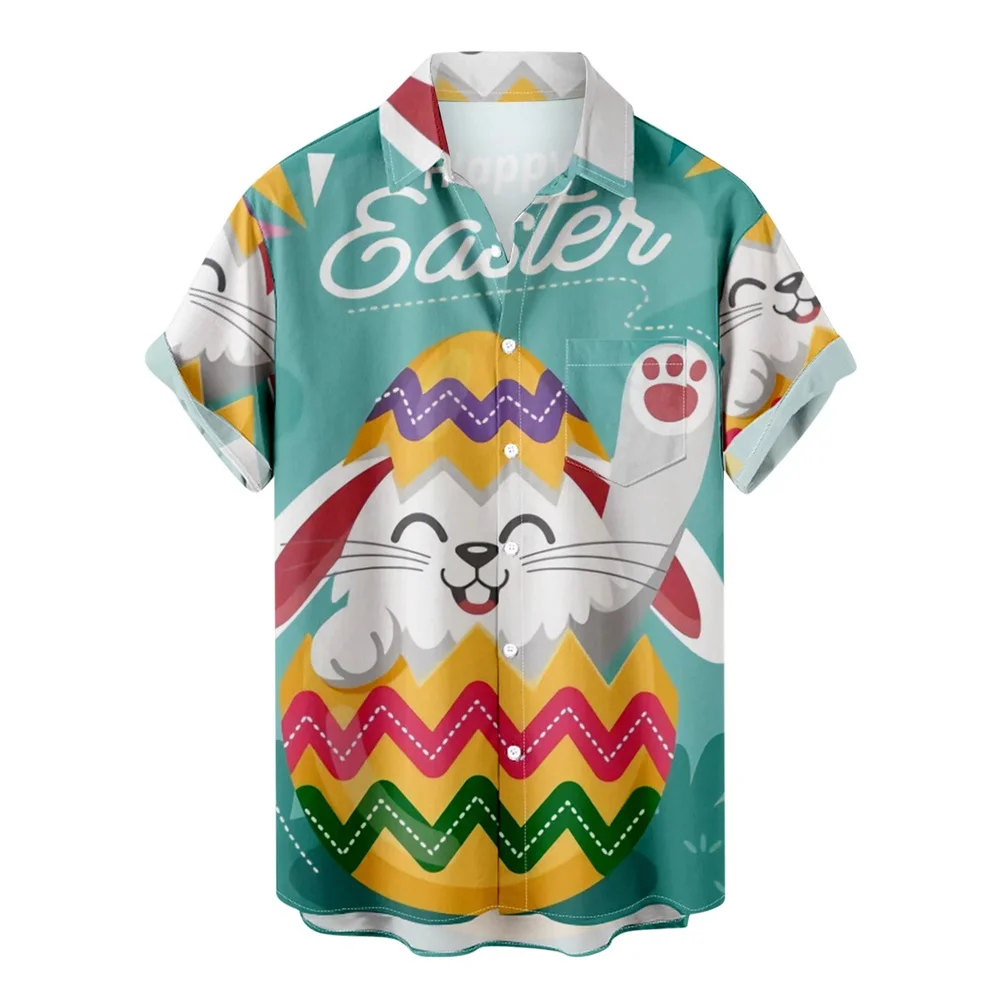 thumbnail image 1 of Camisa de Pascua feliz 2024 para hombre, divertida camiseta hawaiana con estampado de conejo, blusa de talla grande con solapa y botones de manga corta, 1 of 5