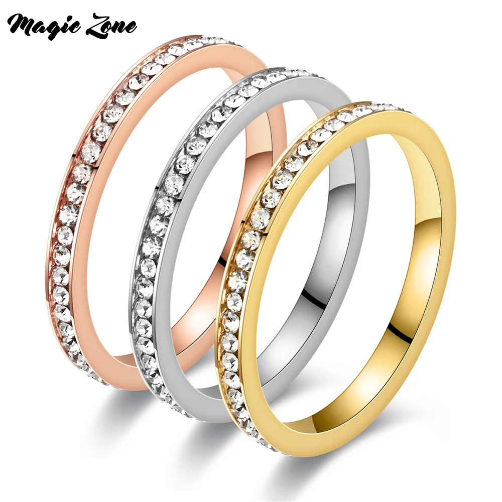 2mm Iced Out CZ Cubic Zirconia Wedding Rings For Women Gold Color Stainless Steel wedding rings cubic zircon ring