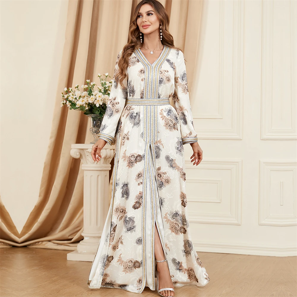 

Abayas For Women Muslim Sets Floral Print Trim Tape Panel Belted Kaftan Split Hem Two Pieces Dress Dubai Turkey Arabic Ramadan