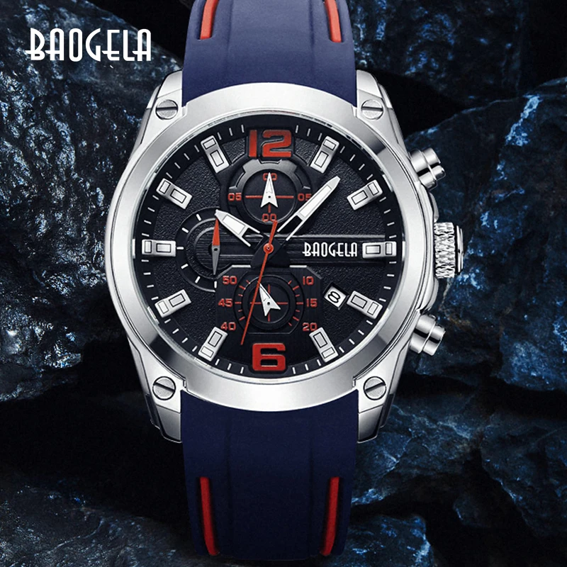 

BAOGELA Chronograph Analog Quartz Watch with Date Luminous Hands Waterproof Silicone Rubber Strap Wristswatch for Man Blue