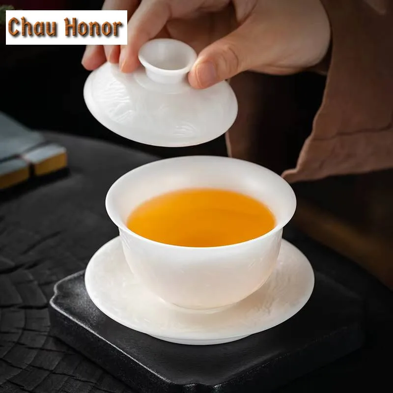 200ml Boutique Ice Seed Jade Porcelain Gaiwan Handmade Relief Carving Landscape Tea Tureen Tea Maker Cover Bowl Drinkware Craft