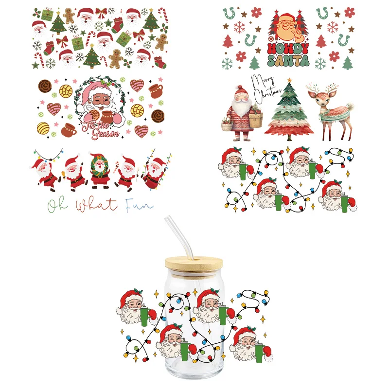 Christmas UV DTF Wrap Transfer Stickers Santa Claus Funny Design Waterproof Wrap Glasses Cups Mugs Bottles Decal