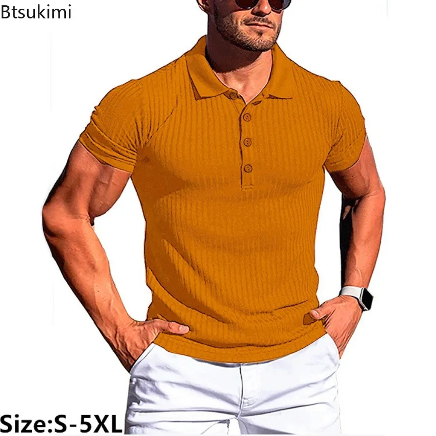 

2024 Men's Summer Fitness Sport Breath T-Shirt Solid Striped Short Sleeve Polo Shirts Fashion Casual Slim Bottoming Tops for Men