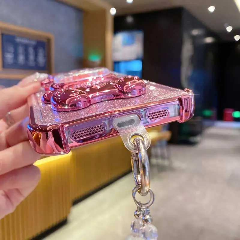 Glittery Pearl Strap Bear Phone Holder Case with Lanyard and Stand Feature