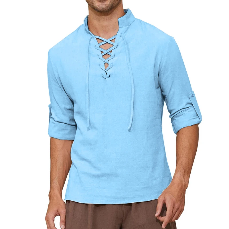 LucMatton Camicia da uomo classica in cotone con lacci medievali vintage costume, grigio
