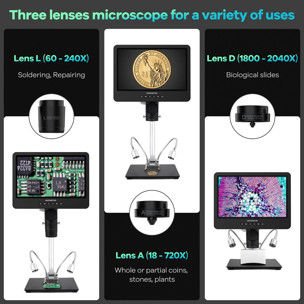 Andonstar Trinocular HDMI USB Digital Microscope AD249SM 2000X 10.1" IPS LCD for Electronics Soldering Tool for PCB Solder Check 2