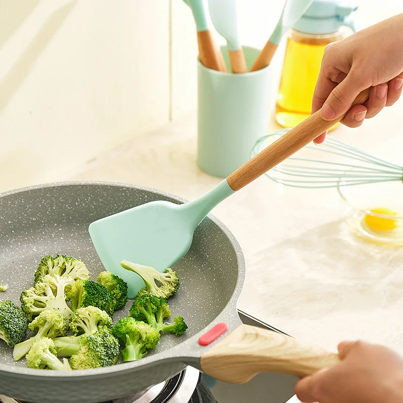 Kitchen Utensils 1PC Silicone Non-Stick Spatula Shovel Soup Spoon Handle Set BPA Free