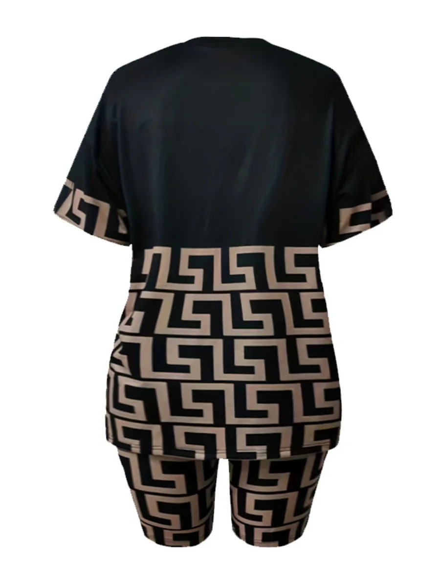 LW Plus Size shorts sets Geometric Print Regular Fit Shorts Set casual women's tracksuit matching suit short sleeve Top + shorts