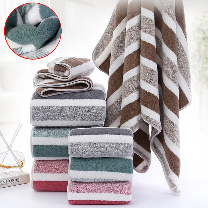 2PCS Bath Towel Striped Pattern Thickened Absorbent Towel 1