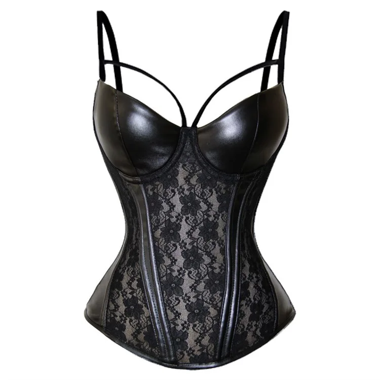 New European and American sexy lingerie waist gathered garter belt sexy lace PU leather stitching S-6XL
